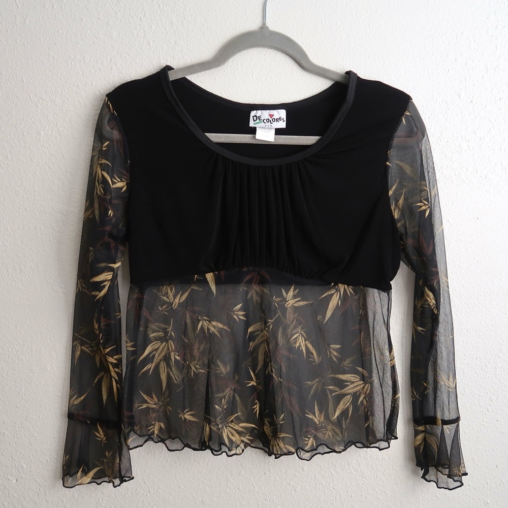 Vintage Y2K Black and Gold Leaf Sheer Lettuce Hem Frilly Sleeve Blouse